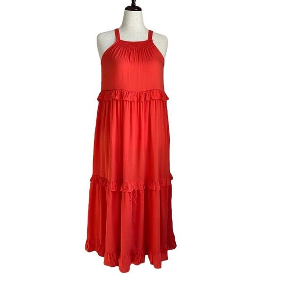 NWT Vivimos Women’s Tangerine Sunset Halter Tiered Maxi Dress Boho Size M - Picture 2 of 9